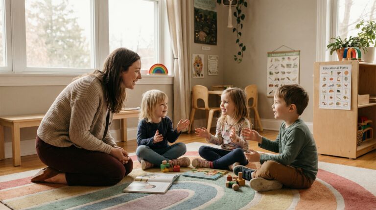 Teacher talking with three kids sitting on a rug and clapping in a bright classroom