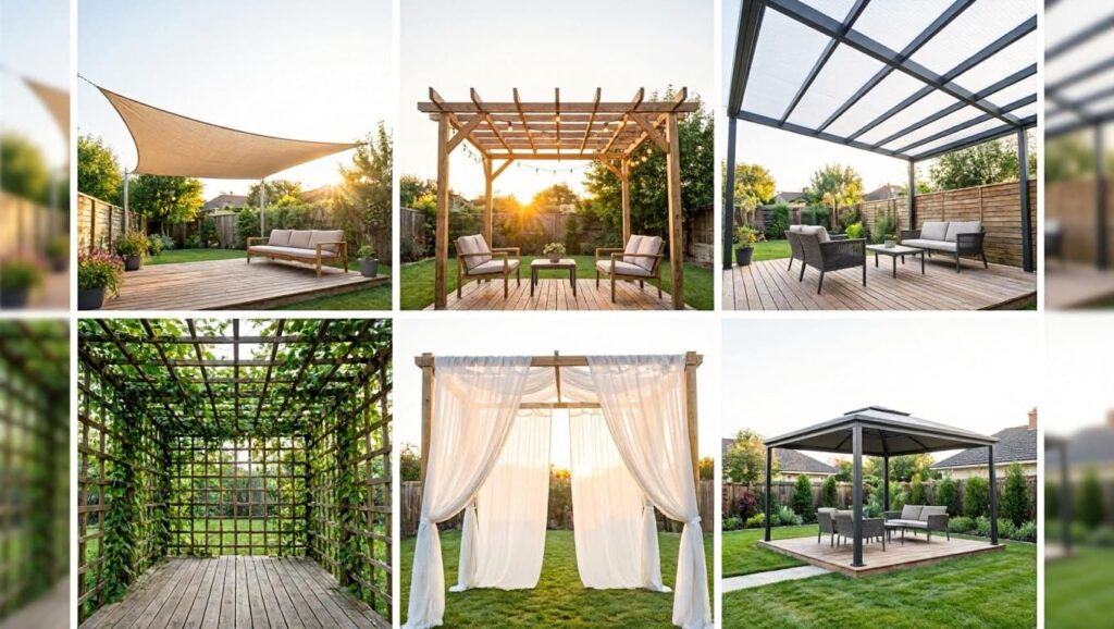 Collage of covered deck ideas featuring pergolas, shade sails, lattice roofs, fabric canopies, and modern patio covers in backyard settings.