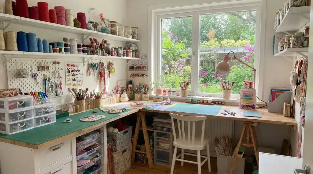 Organized craft room with shelves, supplies, and a workspace by a window