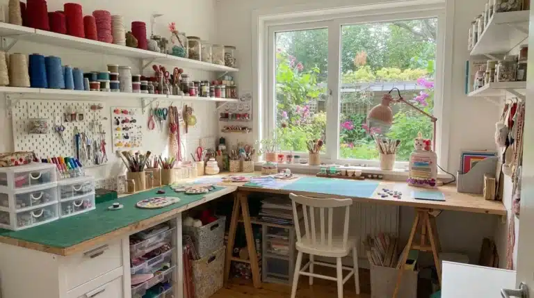 Organized craft room with shelves, supplies, and a workspace by a window