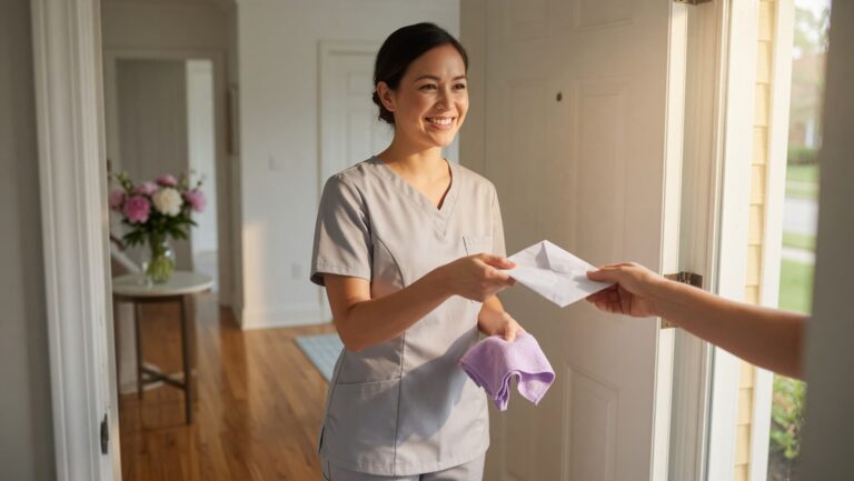 Smiling house cleaner in uniform receiving a tip envelope at the doorway while holding a cleaning cloth, inside a bright and tidy home interior.