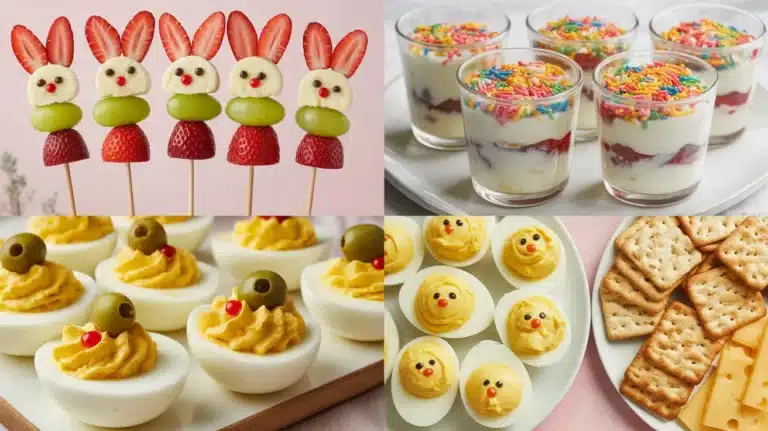 Collage of kid-friendly Easter snacks including fruit bunny skewers, layered yogurt cups with sprinkles, decorated deviled eggs, chick-shaped eggs, and crackers with cheese.