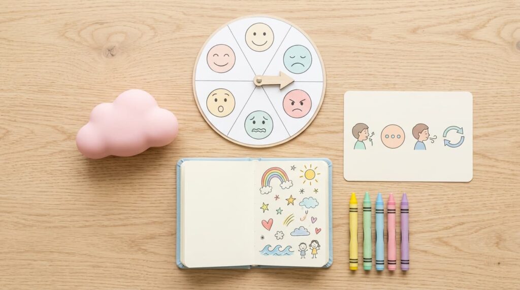 Flat lay of kids emotional regulation tools including emotion wheel, breathing card, crayons, and a notebook with simple drawings on a wooden surface