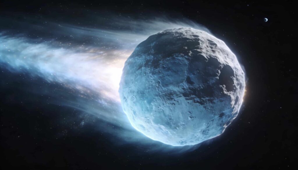 A view of a comet streaking through deep space, featuring a bright, icy nucleus and a glowing tail trailing against a dark background.