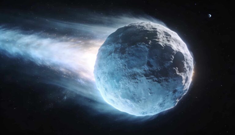A view of a comet streaking through deep space, featuring a bright, icy nucleus and a glowing tail trailing against a dark background.