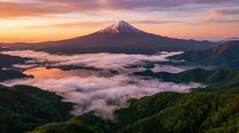 A sunrise view of the iconic snow-capped Mount Fuji towering above a vast sea of clouds and lush green forests.