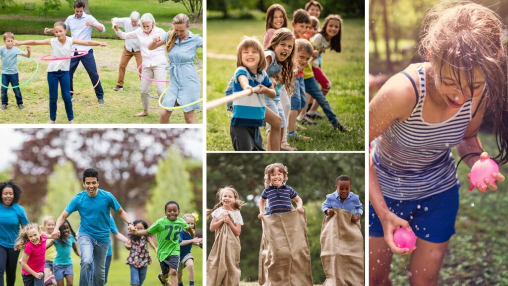 Collage of families and kids playing outdoor games like hula hooping, tug-of-war, sack races, and water balloon play.