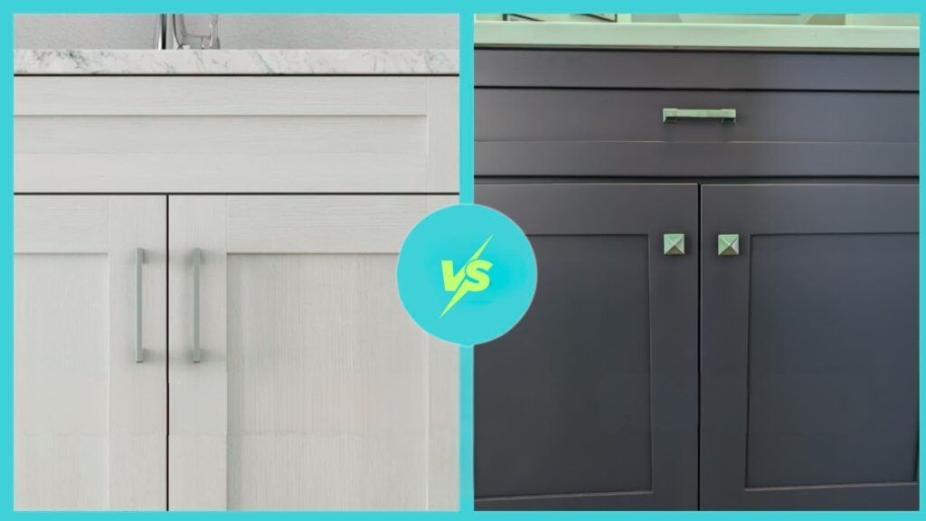 Split image comparing two cabinet styles, with light-colored cabinets on the left and dark cabinets on the right, separated by a central “VS” symbol.