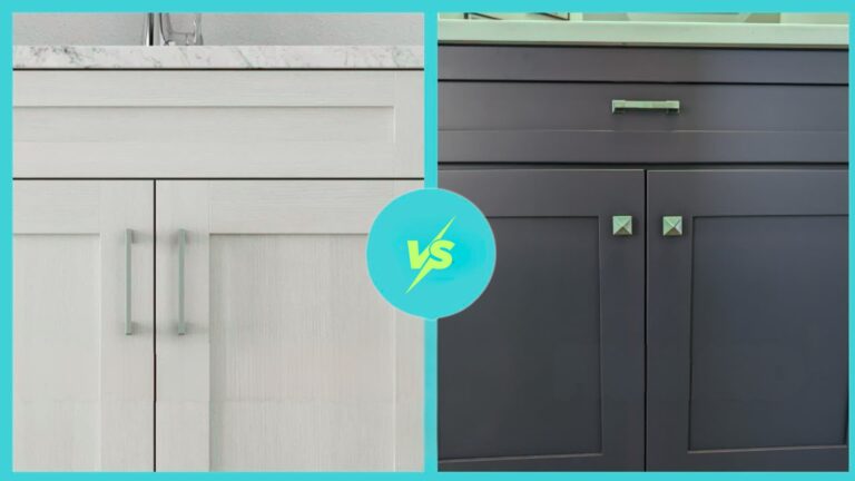 Split image comparing two cabinet styles, with light-colored cabinets on the left and dark cabinets on the right, separated by a central “VS” symbol.