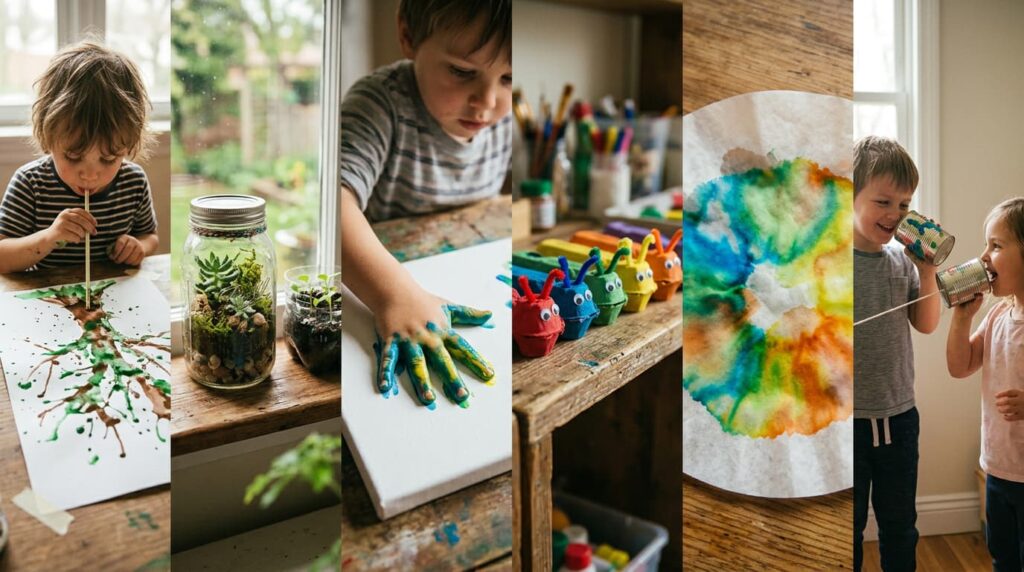 t: Collage of kids doing crafts, including painting, terrarium making, handprint art, colorful DIY toys, and paper art, plus a string cup activity.