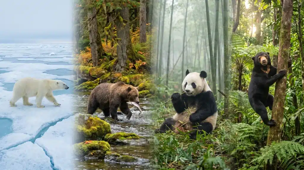 A composite image showing a polar bear on ice, a grizzly bear in a river, a giant panda sitting, and a black bear climbing a tree.
