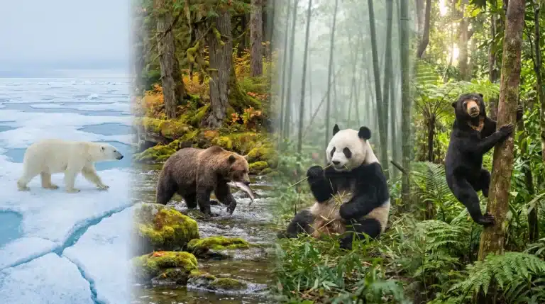A composite image showing a polar bear on ice, a grizzly bear in a river, a giant panda sitting, and a black bear climbing a tree.