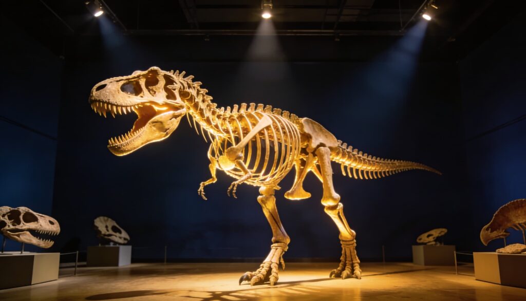 A complete Tyrannosaurus rex skeleton displayed in a museum gallery, illuminated by spotlights against a dark background.