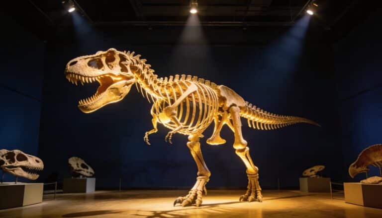 A complete Tyrannosaurus rex skeleton displayed in a museum gallery, illuminated by spotlights against a dark background.