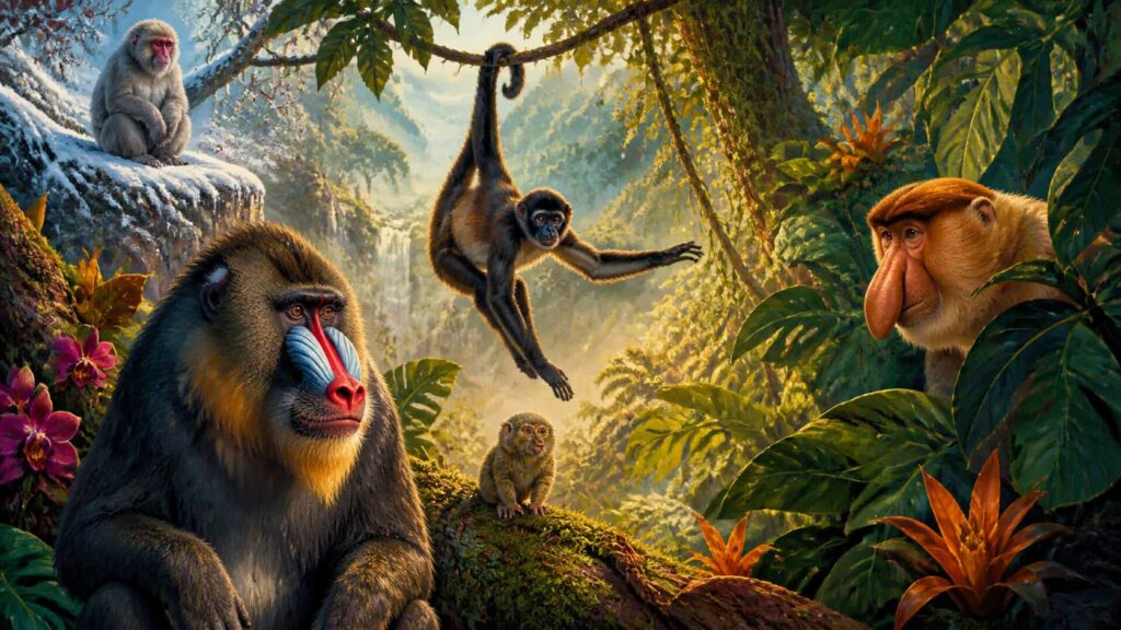 A vibrant illustration featuring a mandrill, a spider monkey, a proboscis monkey, and a smaller primate in a lush, green jungle setting.