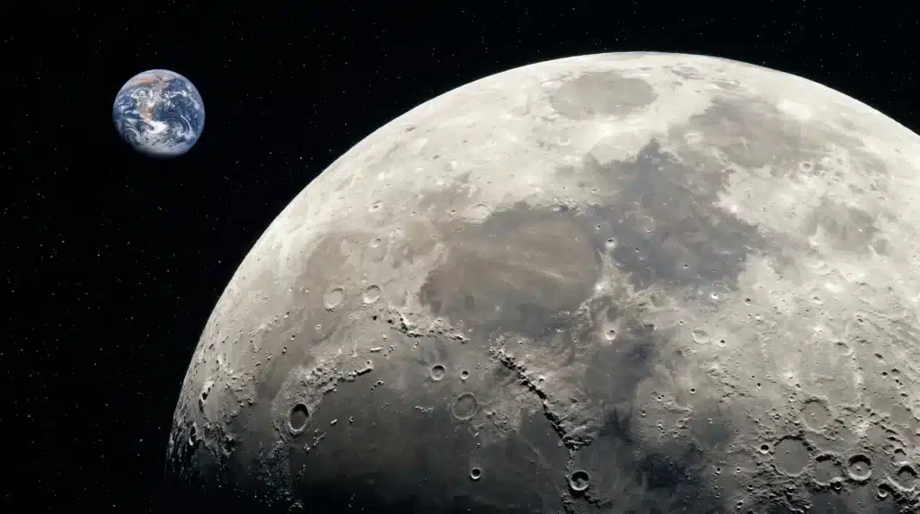 A view of the cratered surface of the Moon with the blue Earth visible in the distant dark space background.