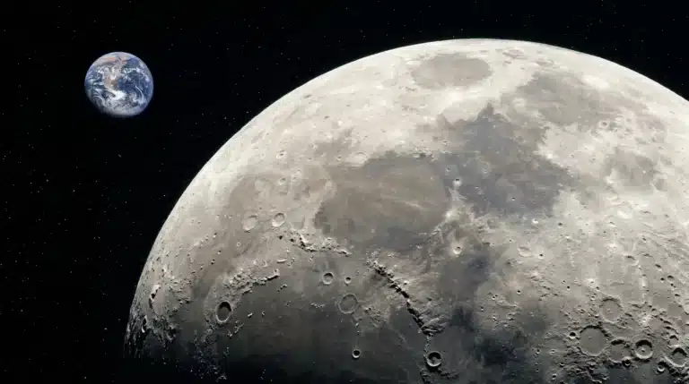 A view of the cratered surface of the Moon with the blue Earth visible in the distant dark space background.