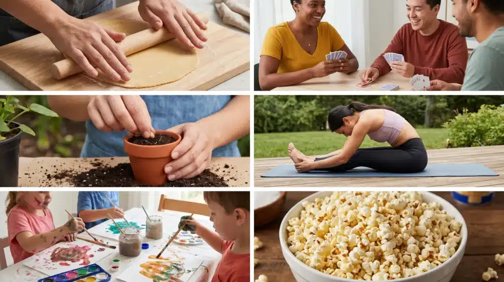 A collage showing people baking, playing cards, gardening, doing yoga, painting with kids, and a bowl of popcorn.