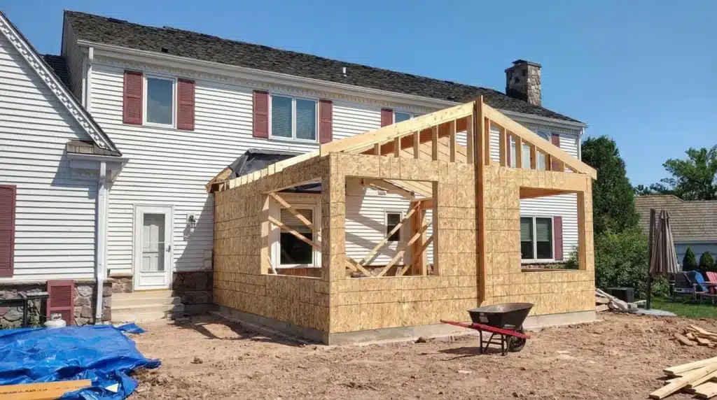 Home addition framing under construction behind a white house with exposed wood structure and tools nearby.