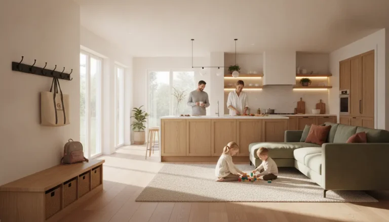 Adults preparing food at kitchen island while children play with blocks on rug in bright modern living room