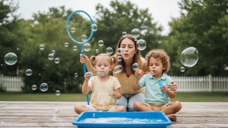 Woman and two young children sitting outdoors blowing soap bubbles with wands over a tray of homemade bubble solution
