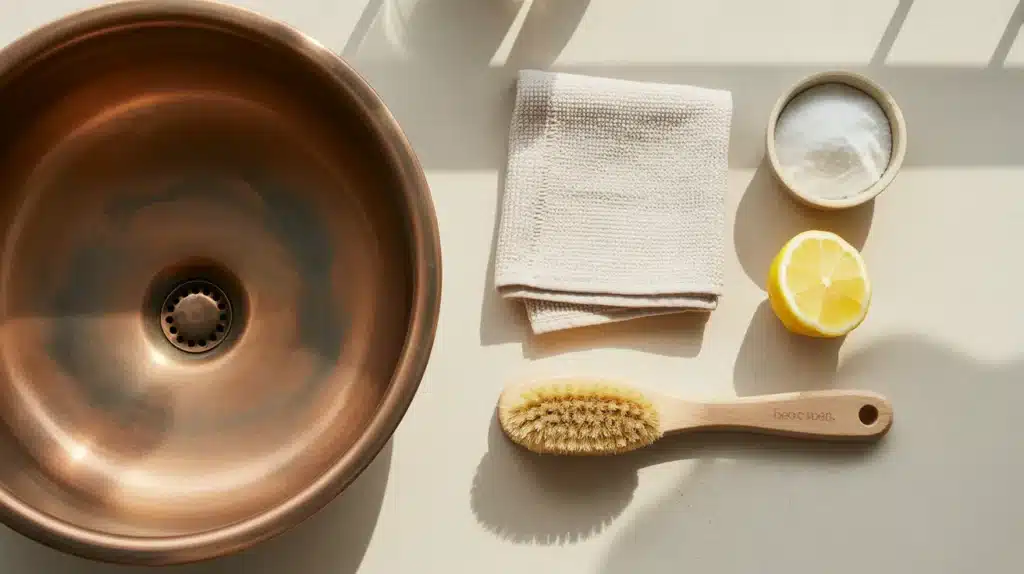 Copper sink with cleaning supplies including cloth, brush, lemon, and baking soda on a countertop.