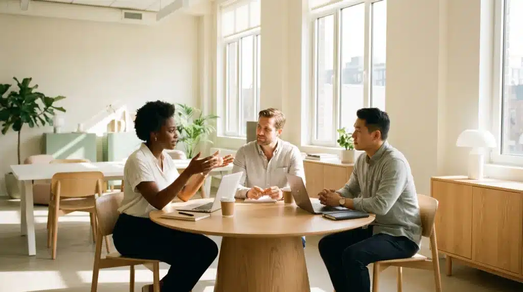 A diverse group of four professionals sitting around a wooden table in a bright office, engaged in a collaborative meeting.