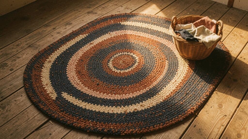 Handmade braided rag rug with circular patterns in earthy tones placed on a wooden floor, styled with a woven basket filled with folded fabric pieces.