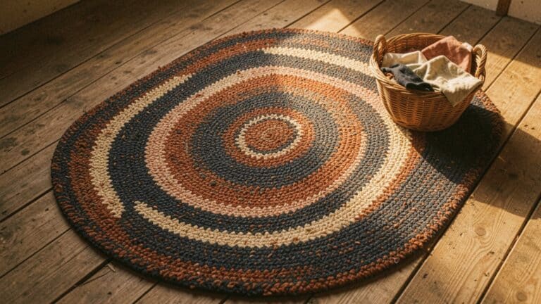 Handmade braided rag rug with circular patterns in earthy tones placed on a wooden floor, styled with a woven basket filled with folded fabric pieces.
