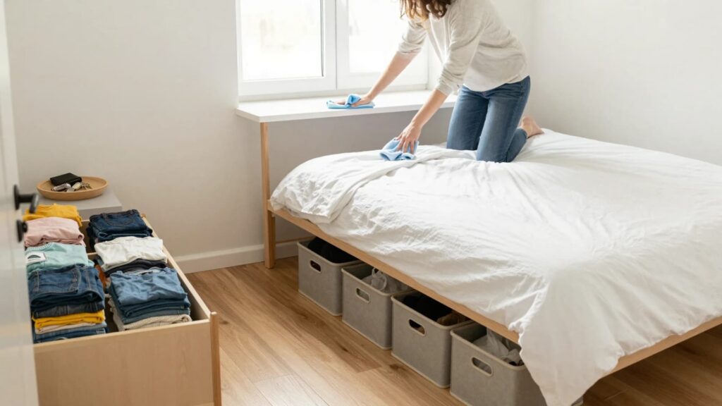A person tidying up a minimalist bedroom with neatly folded clothes in a drawer and storage bins under the bed, while wiping the bed.