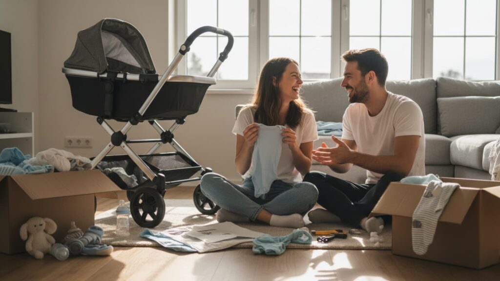 Couple preparing baby clothes beside stroller at home