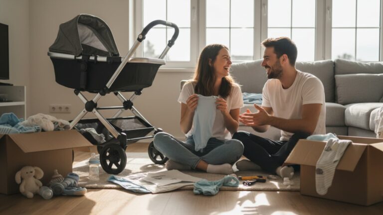 Couple preparing baby clothes beside stroller at home