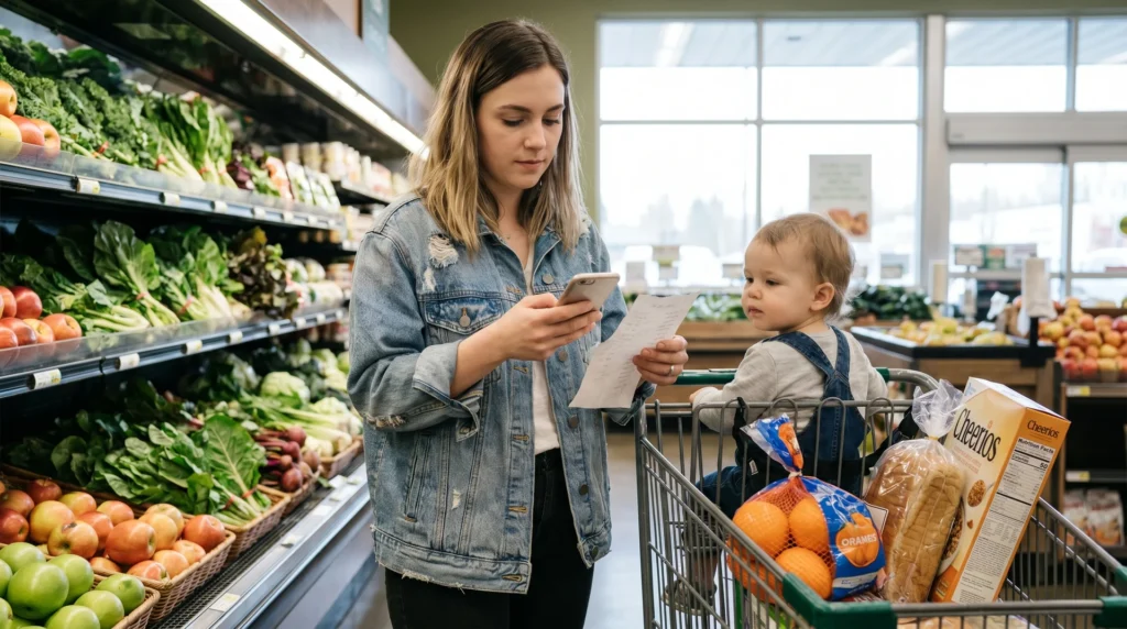 A young woman checking her shopping list on a smartphone while her toddler sits in a grocery cart filled with fresh produce and cereal.