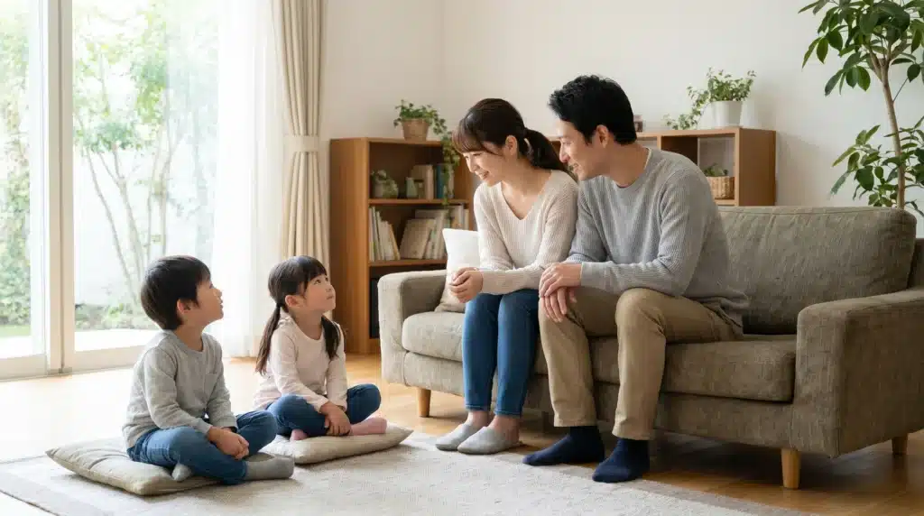 A mother and father sitting on a sofa while having a serious yet gentle conversation with two young children in a living room.