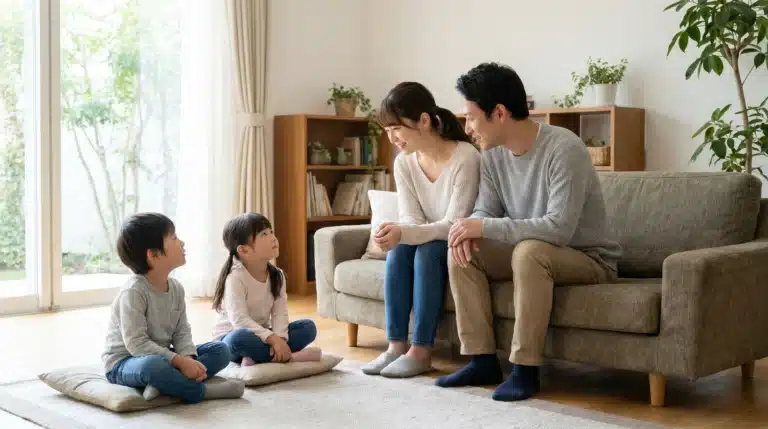 A mother and father sitting on a sofa while having a serious yet gentle conversation with two young children in a living room.