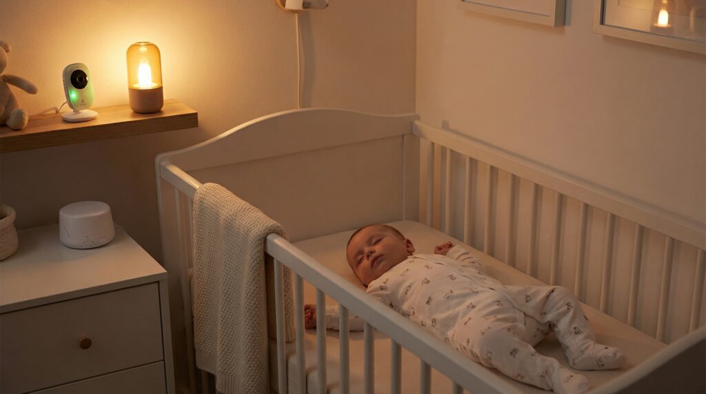 Sleeping baby lying in a crib in a softly lit nursery, with a warm lamp glowing on a nearby shelf and a calm, cozy atmosphere