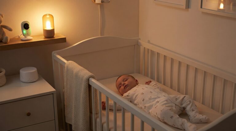 Sleeping baby lying in a crib in a softly lit nursery, with a warm lamp glowing on a nearby shelf and a calm, cozy atmosphere