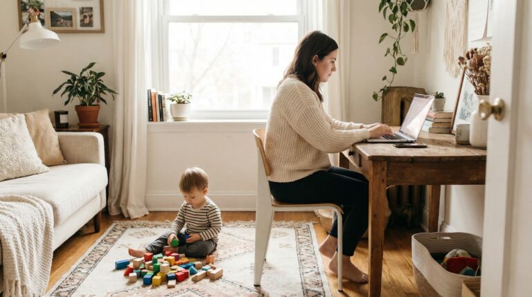 Parent working on a laptop at a home desk while a toddler sits on the floor playing with colorful blocks nearby