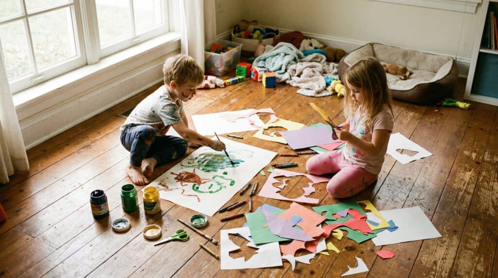 Two young children sitting on a wooden floor near a window, painting and cutting colorful paper while surrounded by art supplies and toys in a cozy room