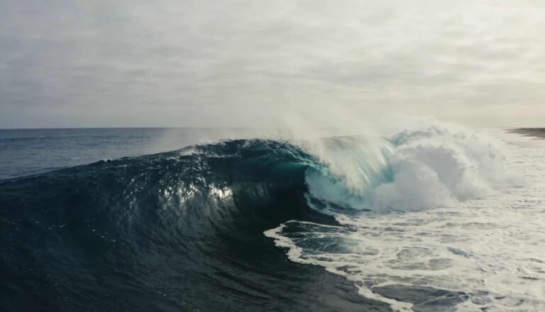 A powerful ocean wave with white sea foam crashing in the deep blue sea under a hazy, overcast sky.