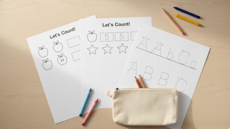 Kids’ worksheets with counting and alphabet tracing, pencils, and a small pouch on a desk.