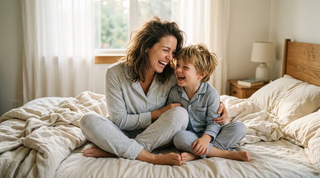Mother and son sitting on a bed in pajamas, laughing together in a cozy bedroom setting