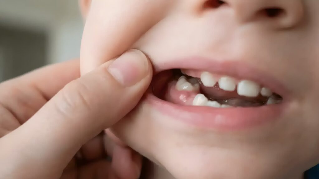 Close-up of a toddler’s mouth showing emerging molars, with an adult gently pulling back the cheek to reveal swollen gums