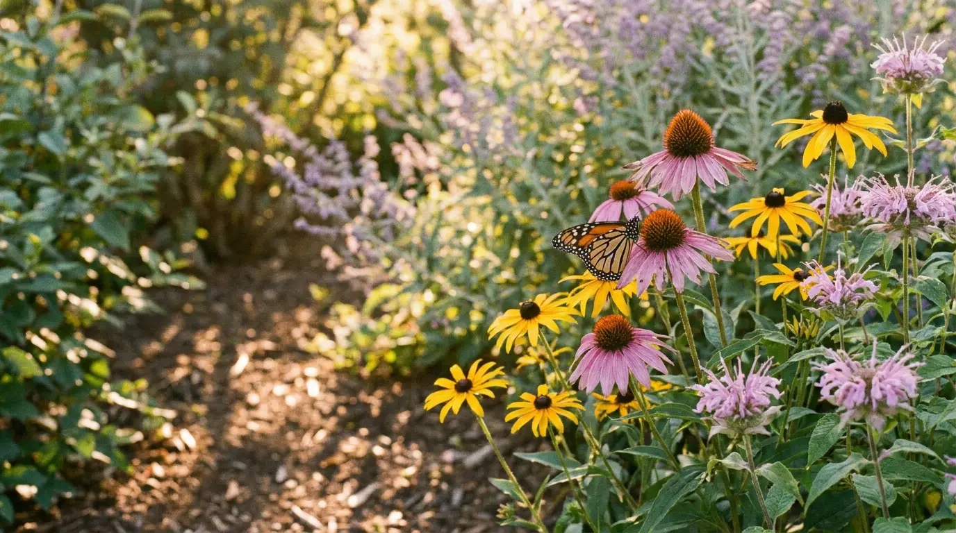 Monarch butterfly on colorful wildflowers in sunlit garden path