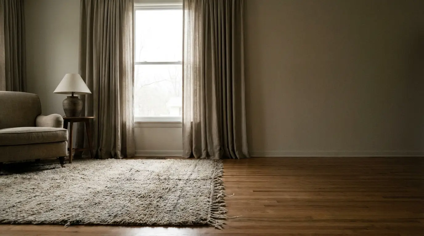 Beige sofa and lamp in living room with large window and textured rug