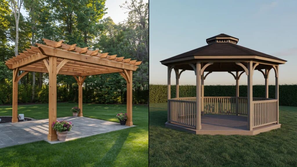 Side-by-side comparison of a wooden pergola with an open slatted roof and a fully covered gazebo with railings, both placed in landscaped backyard settings.