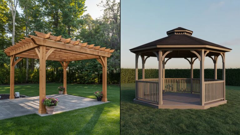 Side-by-side comparison of a wooden pergola with an open slatted roof and a fully covered gazebo with railings, both placed in landscaped backyard settings.
