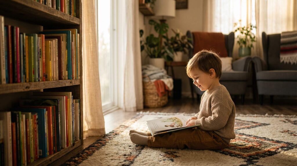 Young child sitting on a rug by a bookshelf, reading a picture book in a cozy, sunlit living room
