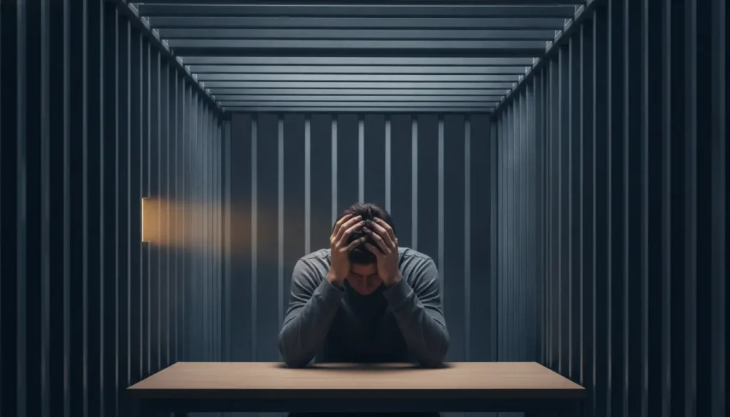 Person sitting with head in hands at a table in dimly lit room with striped walls