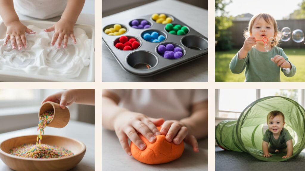 Sensory play collage with foam play, colorful pom-poms in a tray, a child blowing bubbles, pouring sprinkles, playdough, and tunnel crawling
